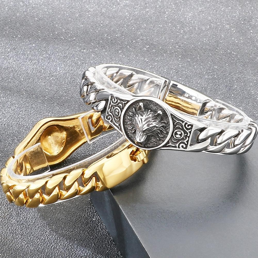 Cool Biker Mens Stainless Steel Wolf Head Curb Cuban Link Chain Bracelet for Men Man Punk Rock Style Jewelry Accessories 19-23CM