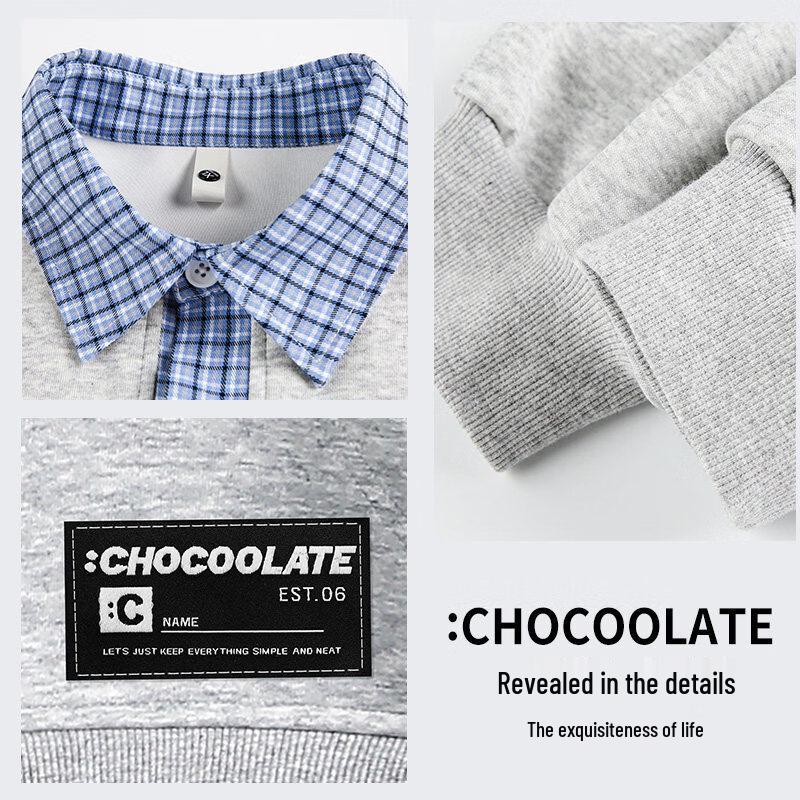 CHOCOOLATE Men's Plaid Splicing Fake Two-Piece Sweatshirt