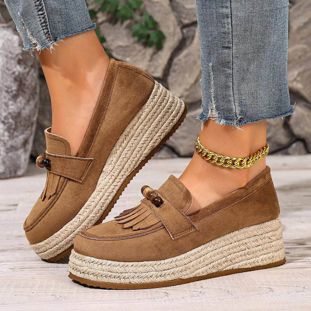 Fashion Bohemia Colorful Bead Decoration Loafer Shoes Women Autumn Comfort Hemp Wedge Heel Pumps Fashion Tassels Suede Slip On Shoes