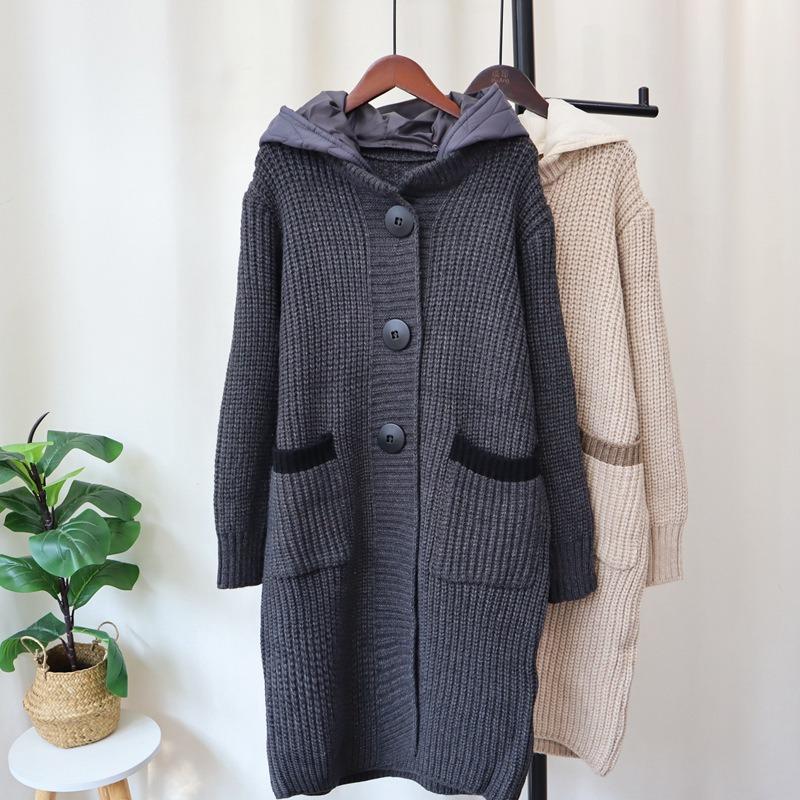 Thickened hooded splicing cotton clothes hat knitted cardigan autumn and winter new long knee loose sweater jacket women