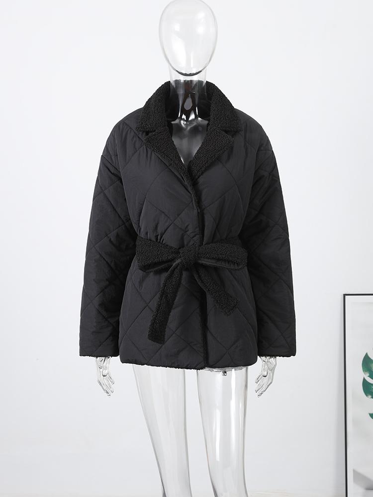 Women's Collar Tied Waistband Jacquard Thick Jacket Top