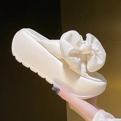 Mode Kawaii Plateausandalen Damen Sommer Dicke Sohle Schuhe 7CM Keilabsätze Lässige Sandalen Bequeme Schwarze Schleife Hausschuhe