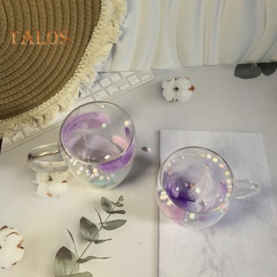 Double Wall Glass Coffee Mug 250/350ml Feather Design Cup with Handle Insulated Anti-Scalding Comfortable Grip Temperature Control Tumbler for Tea