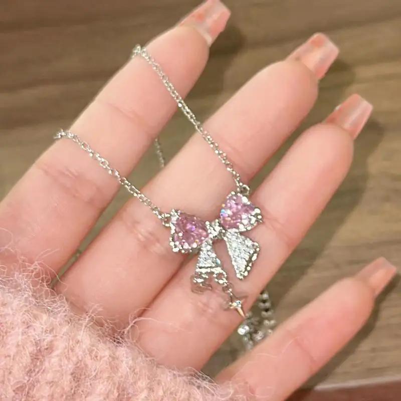 Korea New Design Pink Zircon Bowknot Cross Pendant Necklaces Y2K Girls Sweet Rhinestone Heart Clavicle Chain Women Zircon Gifts