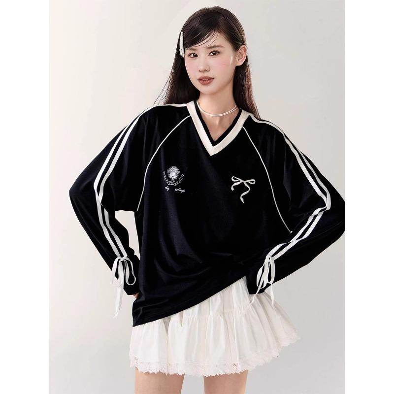 Bow Tie Women Long Sleeved T-shirts V-neck Loose Long Sleeved Pullover Tee Korean Style Autumn New Fashion Women's Top