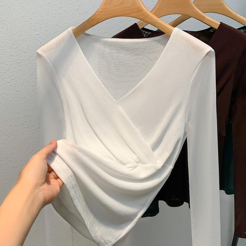 Cross V-neck Mesh Base Shirt for Women In Spring and Autumn New Tight Long-sleeved T-shirt for Women In Women's Unique Waist-hugging Shirt