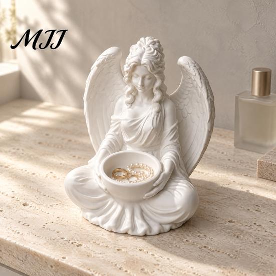 Mini Indoor Flower Pot 3D Printed Sitting Angel Figurine with Bowl, White Statue Tabletop European Style Home Decor Ornament, Multi-Purpose Holder for