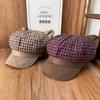 Internet Celebrity Atmosphere Plaid Cat Ear Octagonal Hat Women's Suede Splicing Brim Beret Versatile Retro Newsboy Hat