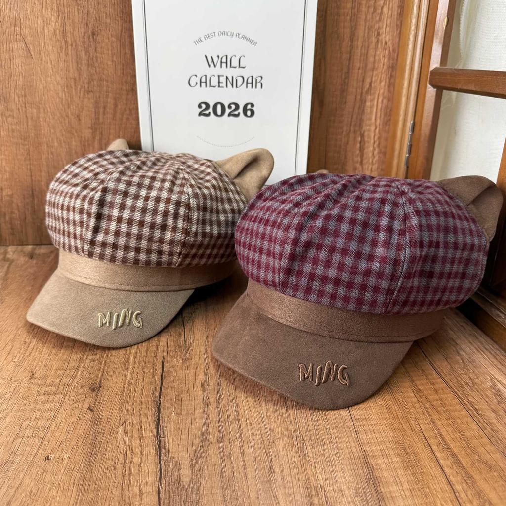 Internet Celebrity Atmosphere Plaid Cat Ear Octagonal Hat Women's Suede Splicing Brim Beret Versatile Retro Newsboy Hat