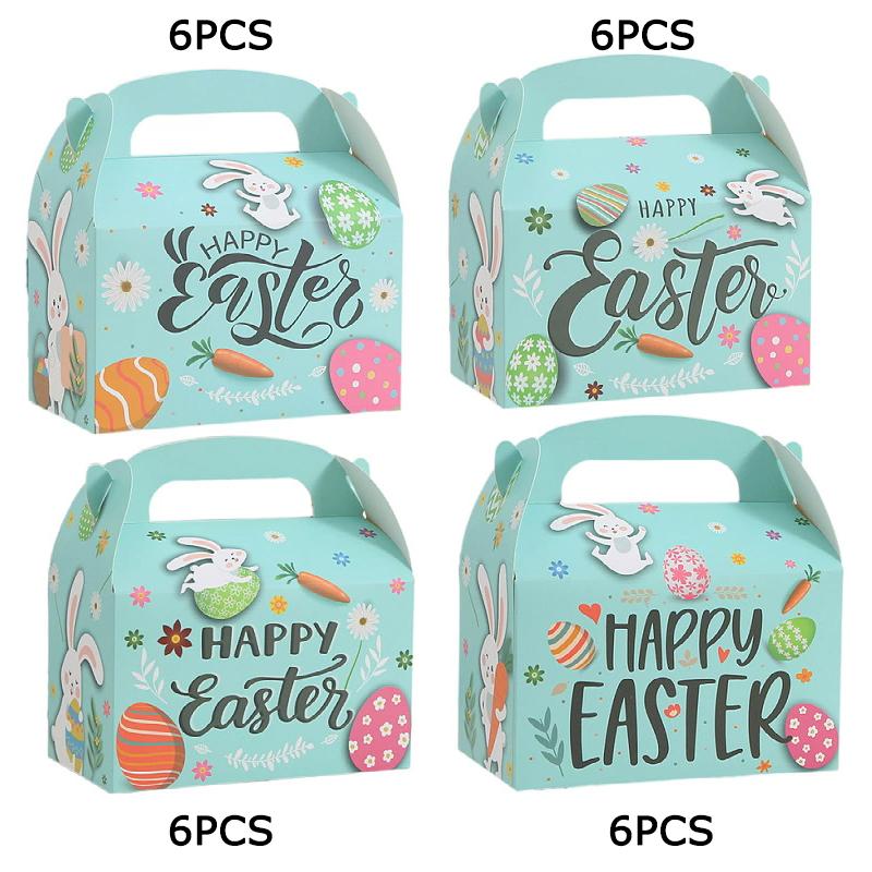 WTEMPO 12PCS 9*9*16CM Easter Gift Boxes Party Small Presents Kraft Paper Packaging Boxes Rabbit Easter Egg Printed Surprise Boxes with Handle