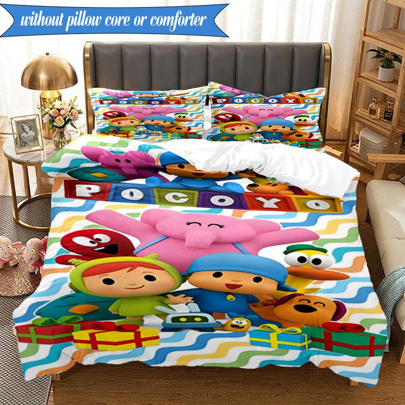3-teiliges Pocoyo's Buntes Abenteuer Bettwäsche-Set 2D-Druck (Enthält 1 Bettbezug + 2 Kissenbezüge Ohne Füllung), Schlafzimmerdekoration, Ventilatorgeschenk