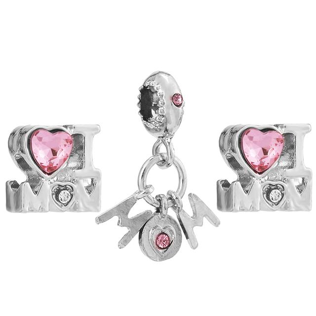 3pcs /Lot Pink Love Heart Beads Enamel Mom Pendant Fit Diy Brand Charm Bracelets Necklaces For Women Mother Jewelry Making