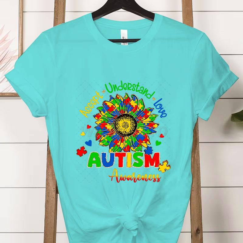Autism Awareness Woman Tshirts Accept Understand Love Shirt Autism Teacher Gift Autism Gift for Mom Proud Short Sleeve Tshirt
