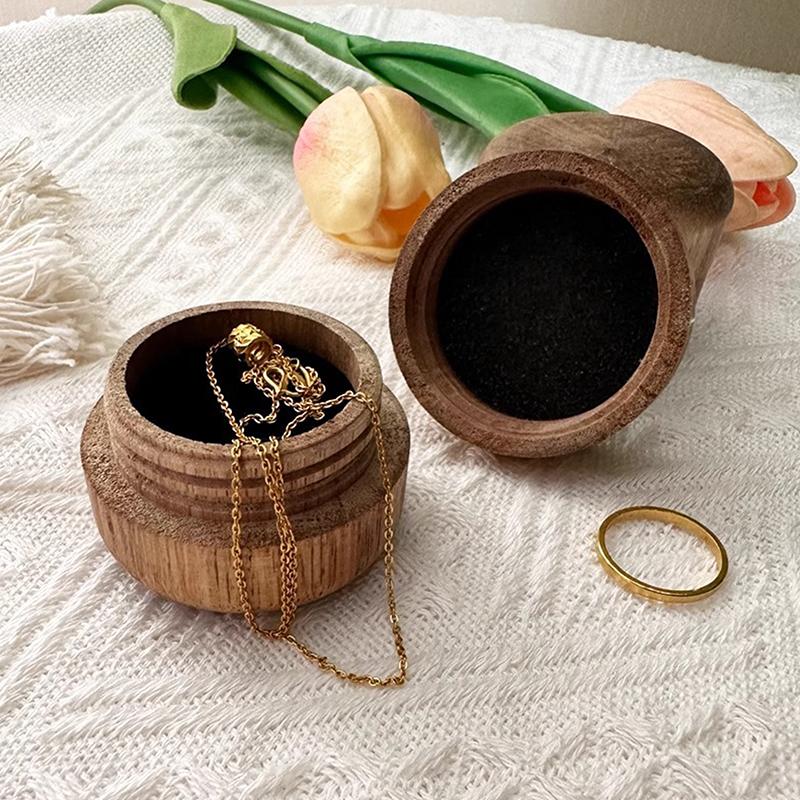 Wood Ring Box Wedding Proposal Engagement Round Wood Ring Box Jewelry Storage Box Portable Solid Wood Ring Box