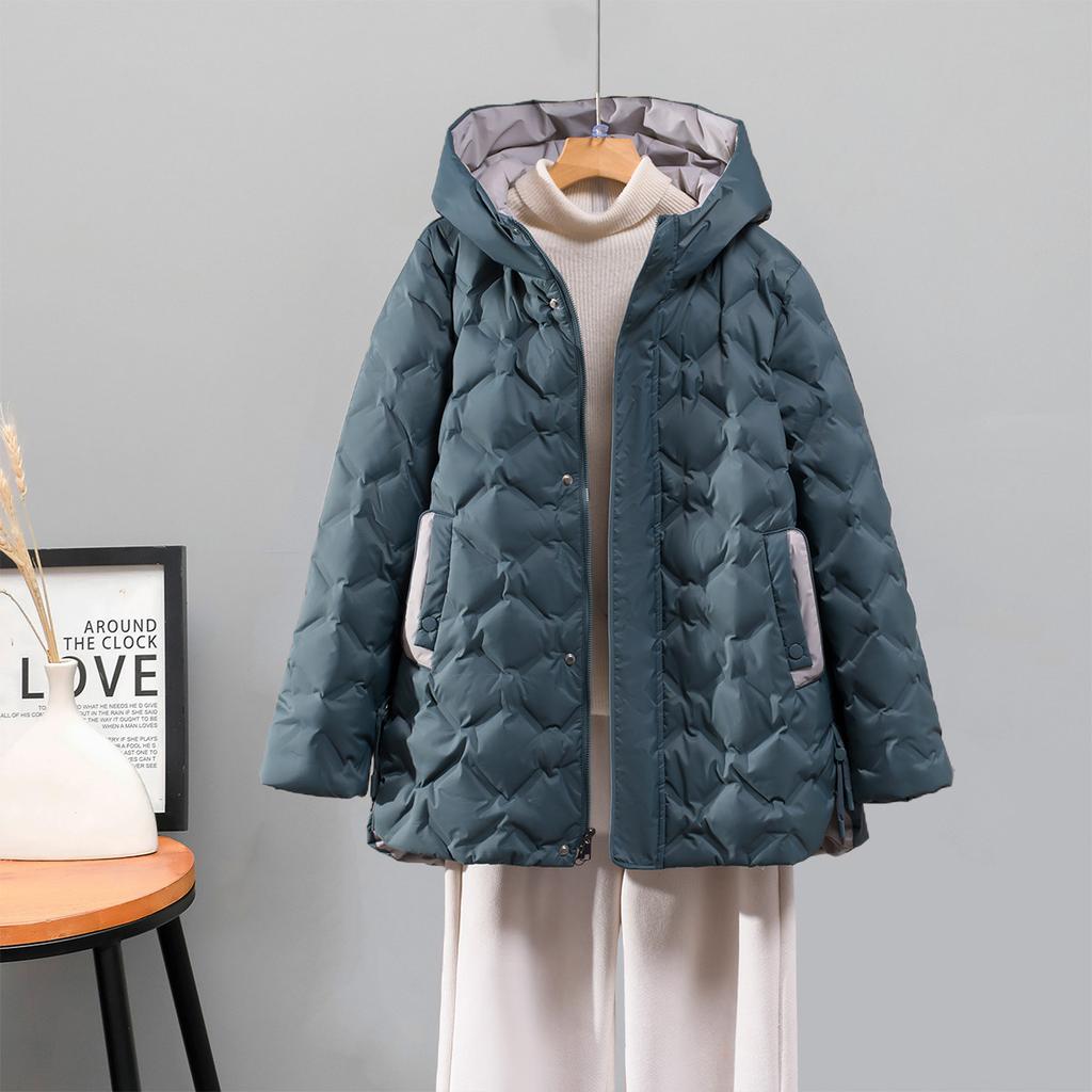 Winter new thermal hooded down jacket women's rhombus warm and thin fashion age-reducing versatile medium and long top