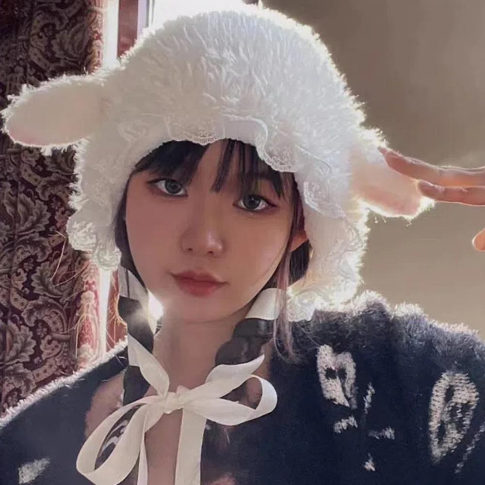 Straps Lamb Wool Caps Japanese Style Ear Protection Cap Pullover Hat Lolita Lace Hat Girls