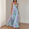 Maxi abito senza maniche con stampa floreale, gonna plissettata e scollo quadrato per donna, stile casual elegante