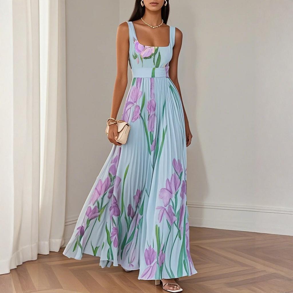 Maxi abito senza maniche con stampa floreale, gonna plissettata e scollo quadrato per donna, stile casual elegante
