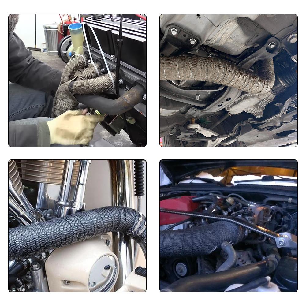Hochwertige 2,5 cm * 5 m 10 m 15 m Titan/Schwarz-Abgaswärmewickelrolle für Motorrad-Fiberglas-Hitzeschildband mit Edelstahlbändern