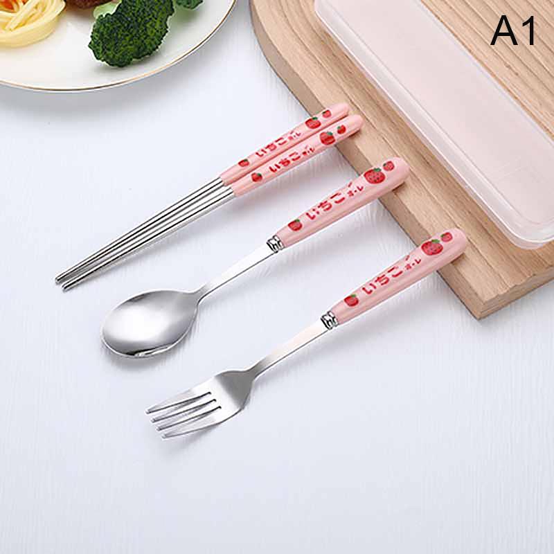 Cute Strawberry Chopsticks Spoon Fork Cutlery Set With Case Portable Travel Stainless Steel Tableware Kitchen Utensils