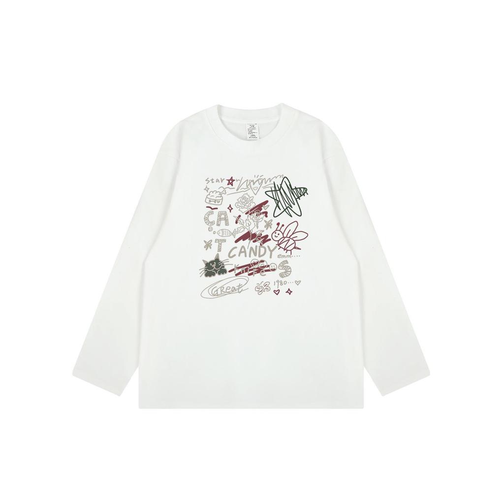 Funky Trend Cartoon Print Couple Long-Sleeve T-Shirt - Versatile, Loose Fit, Pure Cotton for Autumn/Winter