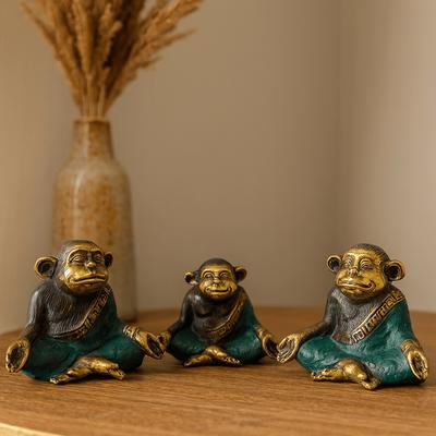 Brass Yoga Monkey Figurines, Set of 3