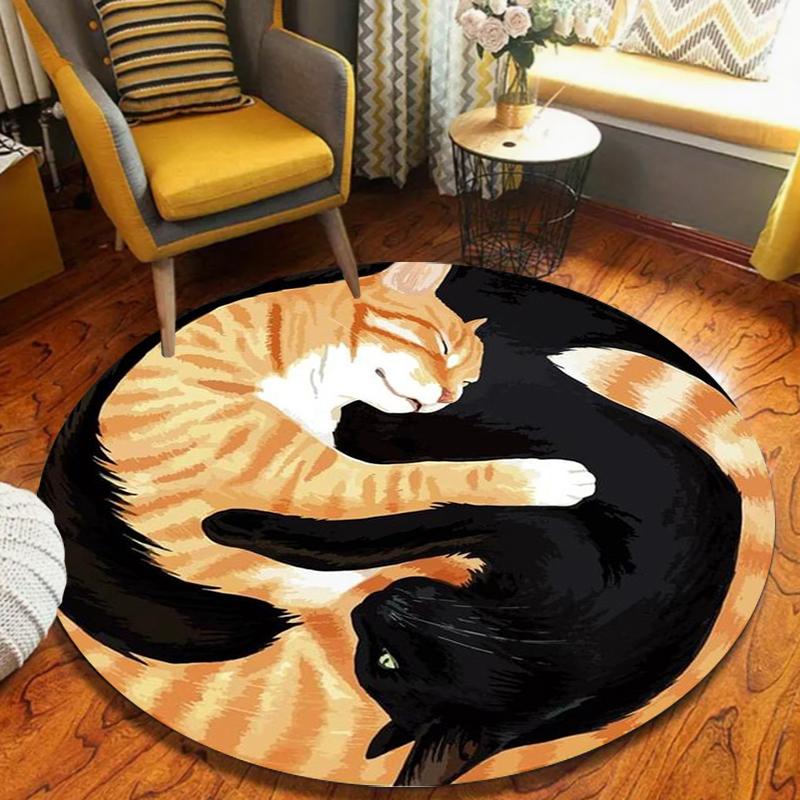 Yin Yang Cat Round Rug Sleeping Kitten Pattern Cute Home Decor Carpet Soft Non-Slip Floor Mat for Living Room Bedroom