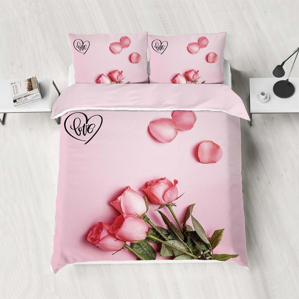 3pcs Pink Bedding Set Rose Flowers 3D Printed Cozy Soft Duvet Cover King Queen Twin Size Birthday Gift for Adult Bedroom Decor