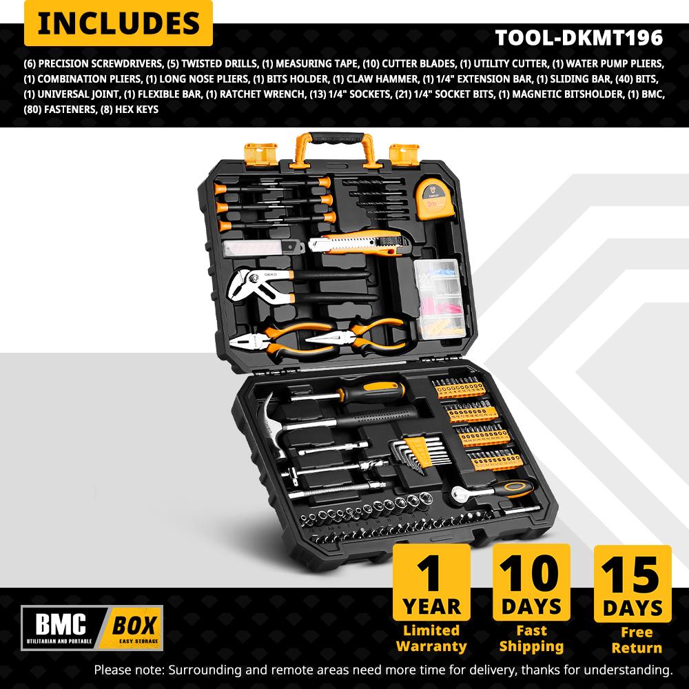 

DEKO DKMT128/DKMT196 Home DIY Tool Set Auto Repair Combination Package Hand Tool Kit with Plastic Tool box, Screwdriver, Hammer DKMT196