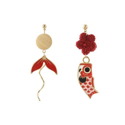 Retro Tassel Asymmetrical Koi Fish Earrings with Ethnic Chinese Style, Wool Petals, and Floral Accents