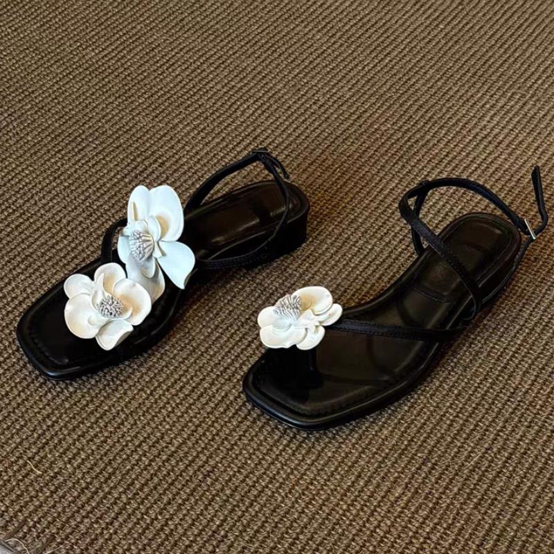 Modne kwiatowe sandały na obcasie dla kobiet, designerskie płytkie buty 2025, trend mody, lato, nowe, eleganckie klapki z klamrą, buty do sukienki dla kobiet