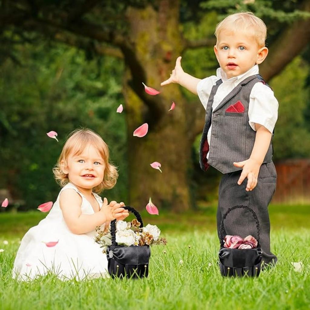 Bridal Black Basket Flower Girl Rhinestone Decor Basket Ring Bearer Basket for Wedding Party Decoration