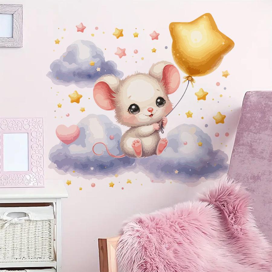 Cute Cartoon Mouse with Stars and Clouds Wall Stickers, Self-Adhesive Decor for Kids Room Bedroom Decoration