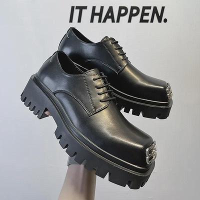 Pantofi Derby Britanici de Nișă cu Vârf Pătrat din Piele - Încălțăminte de Costum Casual High-End pentru Bărbați, Negri
