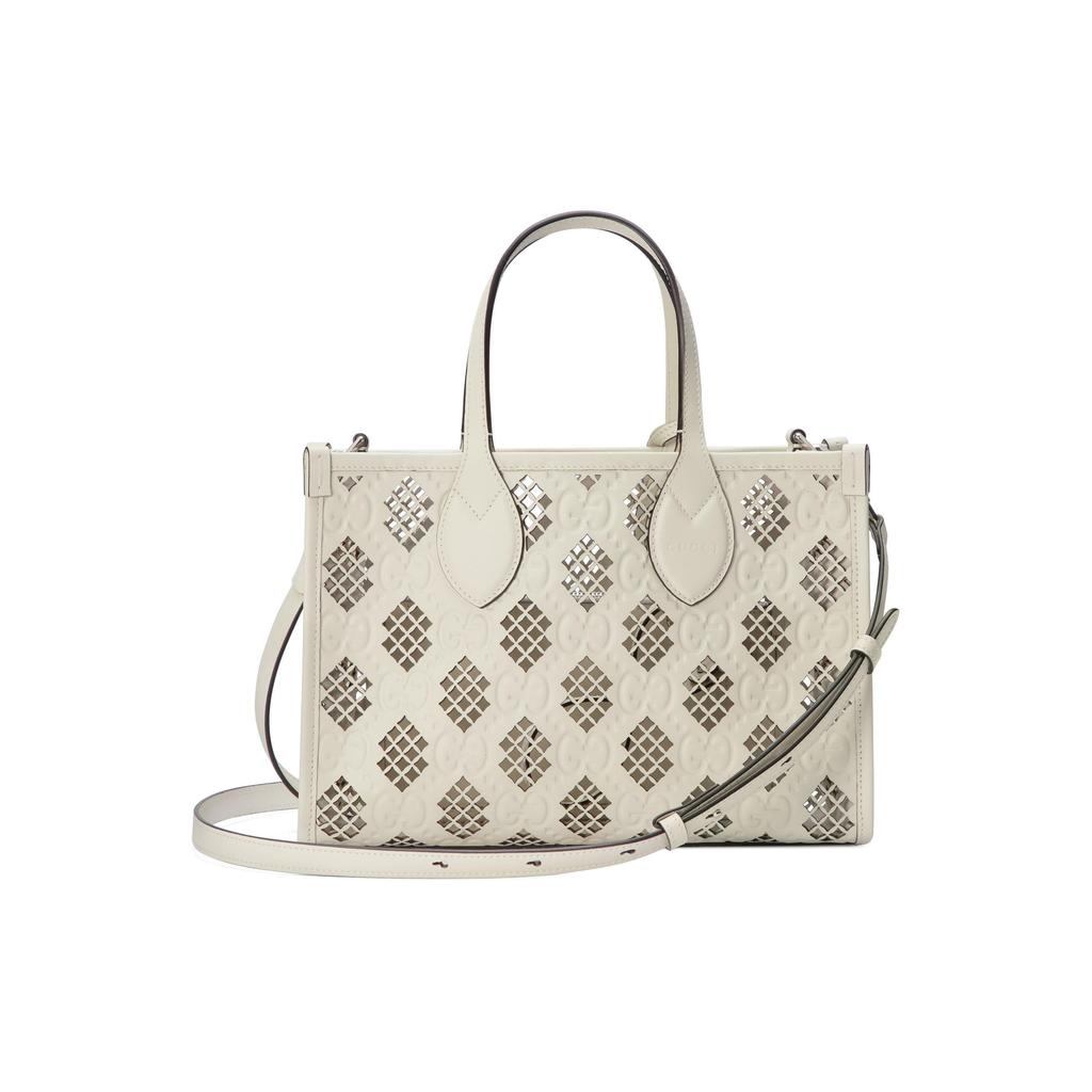 Gucci GG Embossed White Leather Cutout Detail Tote Bag With Removable Shoulder Strap For Unisex Luxury Daily Use