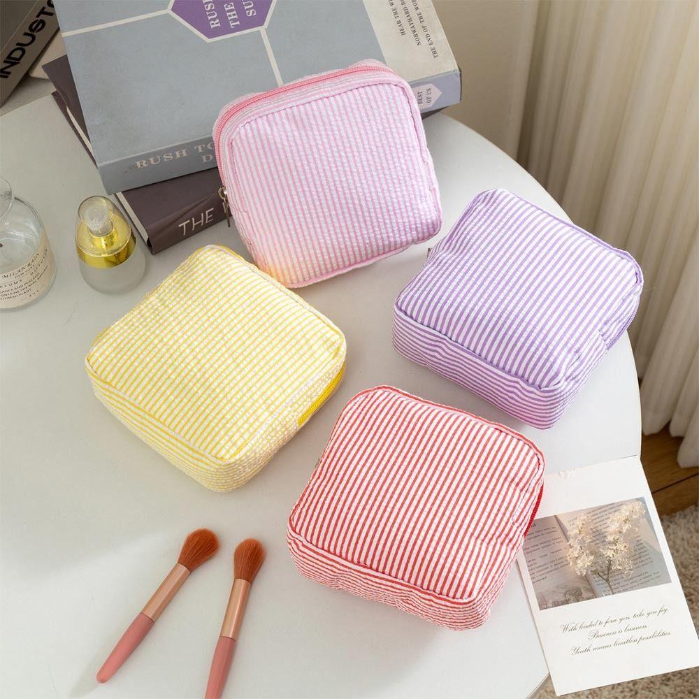 Durable Seersucker Sanitary Napkin Pouch Striped Pattern Multi-functional Cosmetic Bag Mini Makeup Bag Travel