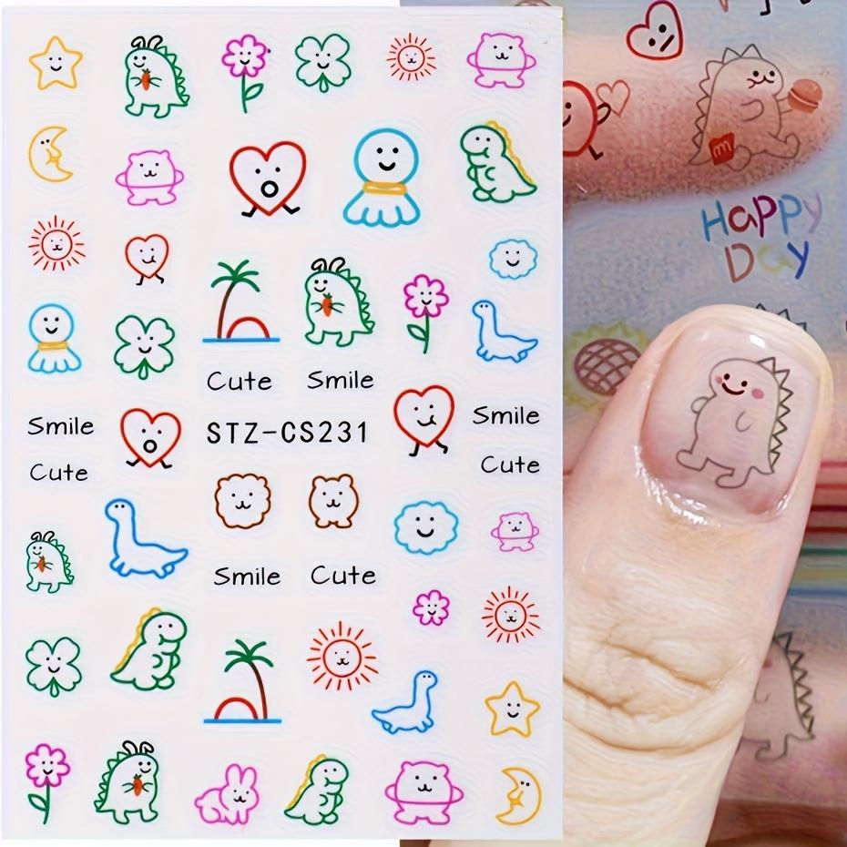 

1pc Cute Cartoon Animal Nail Sticker - Single Use, Self-Adhesive, Decal with Smiling Dinosaur, Palm Tree, Sun, and Floral Design for Nail Art