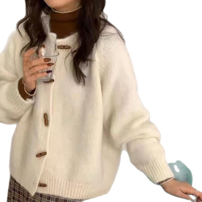 Soft Style Round Neck Horn Button Knit Cardigan Women Autumn Winter Loose Versatile Sweater Coat