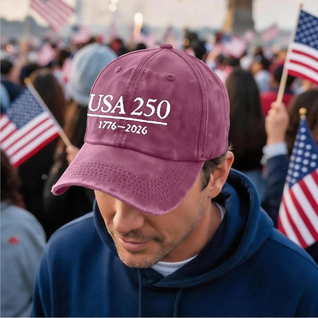 Distressed Washed Casual Baseball Cap with Embroidered USA 250 and Date Elements Adjustable Strap Unisex Hat for Everyday Wear