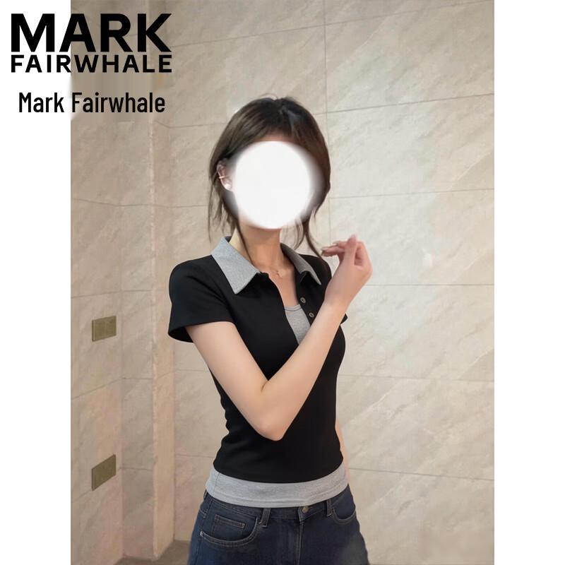 MARK FAIRWHALE Women s Color-Block Polo Neck Fake Two-Piece T-Shirt M чёрный