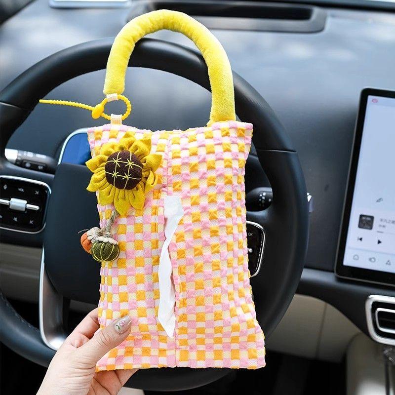 Pink Plaid Fabric Tissue Box Portable Hanging Tissue Case Living Room Container Home Car Towel Napkin Papers Bag Home Decoration