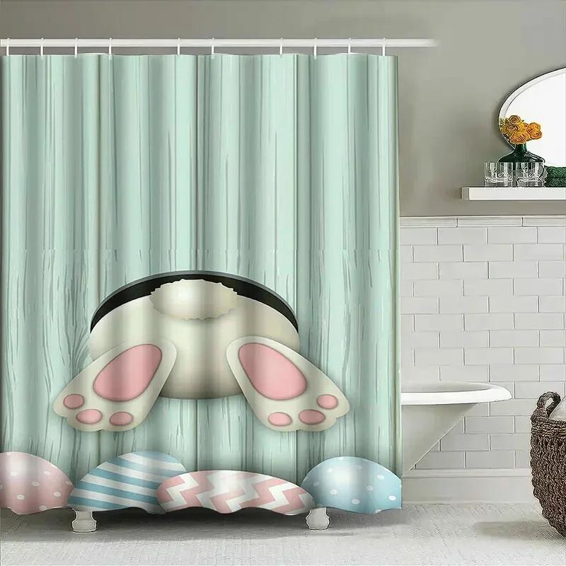 Cute Easter Bunny And Eggs Design Waterproof Shower Curtain Heat Resistant Machine Washable Non-Transparent 180X180Cm