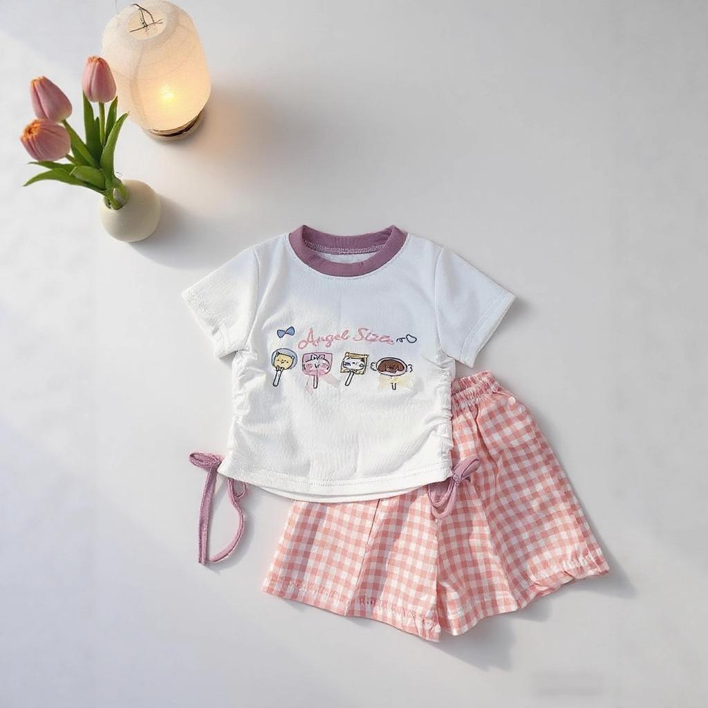 Girls Summer Cartoon Plaid Short Sleeve Top And Shorts Set Cute Baby Casual Two Piece Outfit