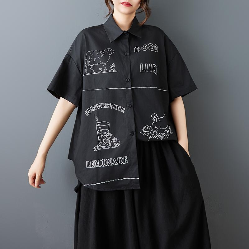 DIMANAF 2026 Plus Size New Spring Summer Blouse Short Sleeve Casual Shirt Women Loose Tops Shirts Cotton Black Print