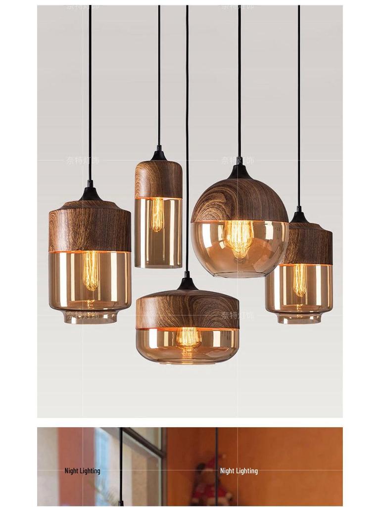 Minimalistische Retro-Holzmaserung Glas-Pendelleuchte für Loft oder Bar