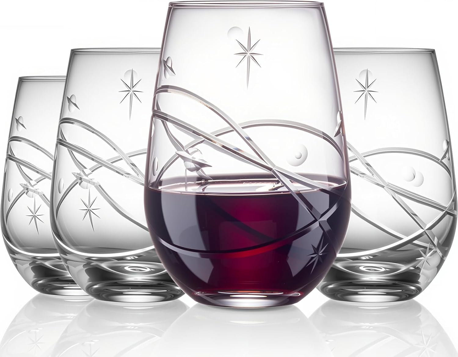 

Hand Cut Stemless Wine Glass Set of 4, 18 oz Crystal Tumblers for Red/White Wine & Water