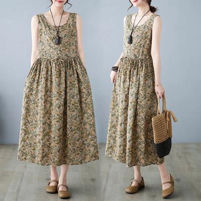 Vestidos estampados vintage de verão para mulheres, sem mangas, moda solta, férias, praia, vestido fino, elegante, vestidos robe femme