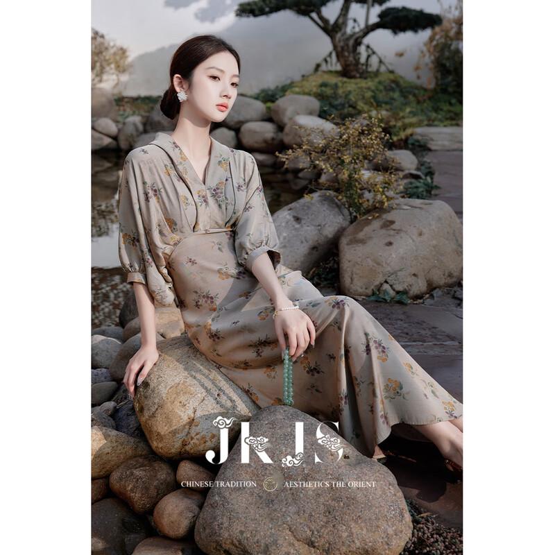 

JK&JS Сандаловое платье макси А-силуэта с V-образным вырезом и принтом L