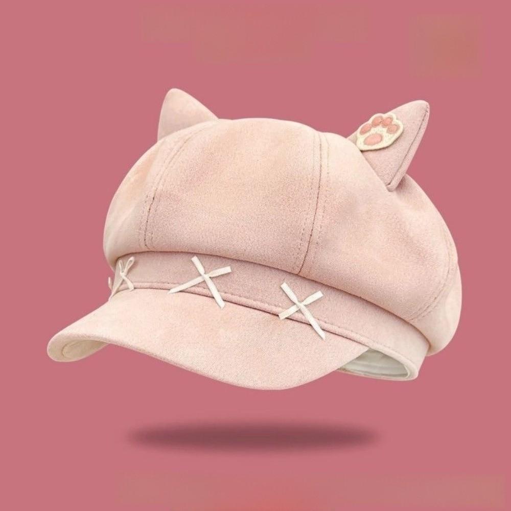 Warm Hat Newsboy Cap Cute Cat Ear Plush Beret New Cat Ears Bow Cap  for Student Wear