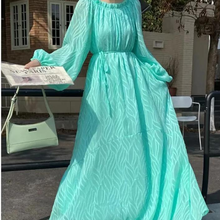 Spring Pink Dress Women Off Shoulder Fashion Long Sleeve Ladies Dresses Korean Style Loose Pleated Ruffle Woman Long Dress